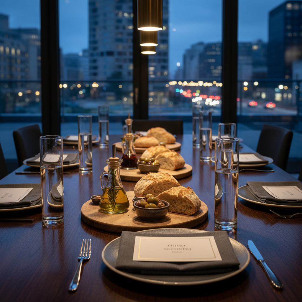 A refined table setting prepared for a corporate dinner in a chic, minimalist meeting room, featuring a dark wooden table set with slate-grey plates, tall slender water carafes, and linen napkins neatly folded atop each setting. Discreet place cards display elegantly printed course names in Italian. Along the center, small carafes of infused olive oil, bowls of marinated olives, and rustic loaves of sourdough sit on wooden boards. In the background, large glass doors reveal a blurred cityscape at dusk. Warm pendant lights above cast a soft, even glow, creating subtle highlights on glass surfaces. Photographic realism with a rule-of-thirds composition emphasizes the refined table while keeping the professional environment recognizable, evoking a mood of understated luxury and bespoke hospitality for executive events.
