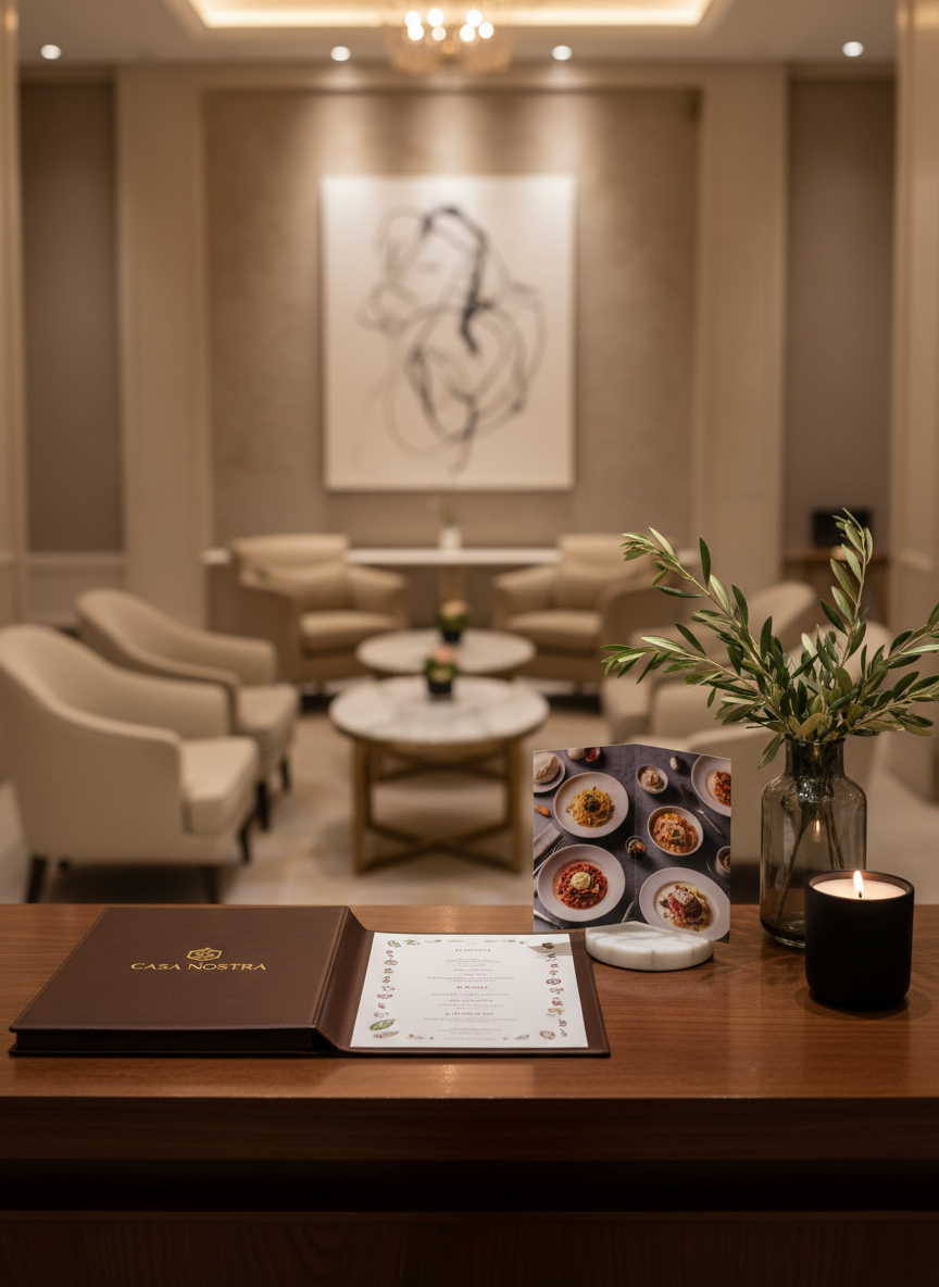 A meticulously curated concierge desk display in a luxury hotel lobby, without any people, featuring a dark walnut counter holding a discreet Casa Nostra-branded folder, a leather-bound reservation book opened to a tasting menu, and a small marble stand presenting a refined trifold brochure with images of Italian dishes. Beside it, a low arrangement of olive branches in a smoked-glass vase and a scented candle in a matte black holder add texture. The background reveals a blurred, sophisticated lobby with plush seating and soft neutral tones. Warm, indirect lighting from concealed ceiling fixtures creates a calm, upscale atmosphere, with gentle reflections on the walnut surface. Captured at eye level in photographic realism with shallow depth of field, the composition highlights the concierge partnership aspect of the private chef service, exuding discretion and elegance.