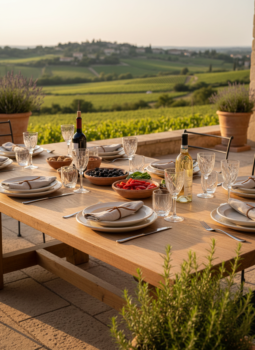 A sunlit Provençal terrace prepared for an intimate high-end dinner, with a solid oak table overlooking rolling vineyards and distant hilltop villages, rendered in soft photographic realism. The table is set with artisan ceramic plates in muted cream tones, linen napkins in a natural stone color tied with thin leather cords, and vintage-style crystal wine glasses awaiting a selection of Italian wines. Small earthenware bowls hold olives, roasted peppers, and marinated artichokes. Late afternoon light bathes the scene in a warm, golden glow, creating long, elegant shadows and a gentle shimmer on the glassware. Shot from a three-quarter angle, the composition balances table details with the expansive, slightly blurred landscape, conveying a serene, exclusive holiday ambiance ideal for private chef services in villas and maisons de vacances.