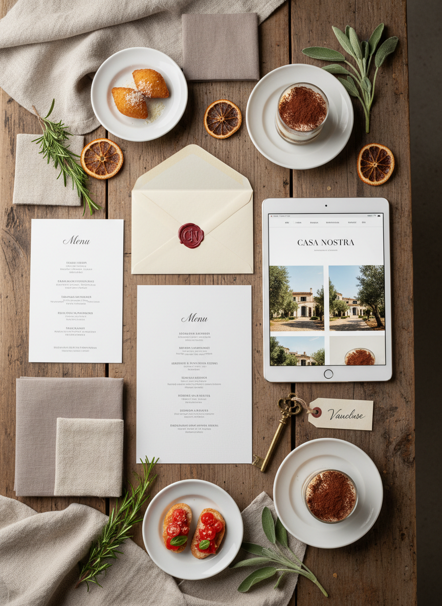 An overhead photographic realism shot of a large, rustic wooden table organized like a visual mood board for Casa Nostra: swatches of natural linen and soft taupe fabric, printed menu mockups with elegant typography, a wax-sealed envelope, and a tablet displaying a stylized Casa Nostra homepage. Around them, small plates present bites of Italian specialties such as arancini, bruschetta, and miniature tiramisu in glass cups. Sprigs of rosemary and sage, slices of dried orange, and a vintage brass key labeled “Vaucluse” hint at villas and maisons de vacances. Soft, diffused studio lighting from above creates even illumination and gentle shadows, emphasizing textures and materials. The mood is creative and refined, conveying brand identity and bespoke service planning in a clean, sophisticated composition.