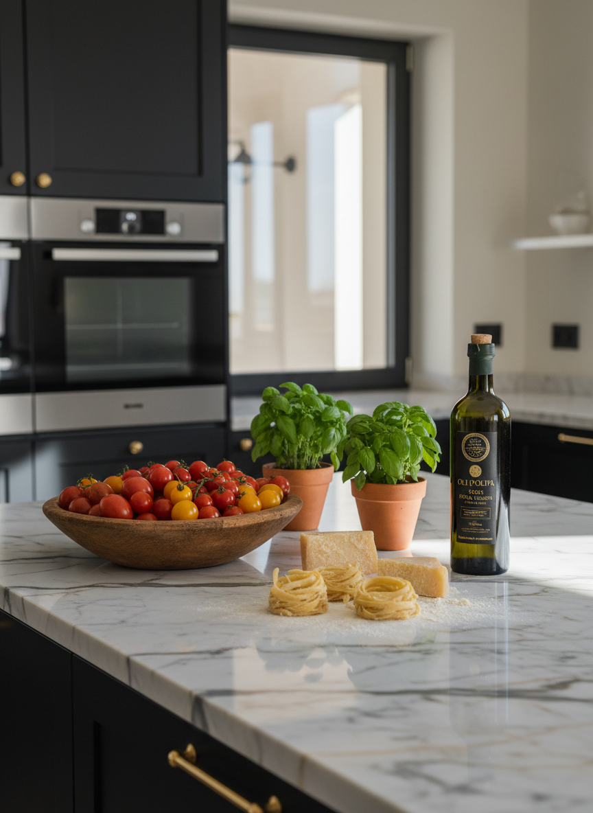 A polished marble kitchen island in a luxurious holiday villa, meticulously arranged with ingredients for an Italian feast: bowls of heirloom cherry tomatoes, bunches of fresh basil, wedges of Parmigiano-Reggiano, handmade pasta nests lightly dusted with flour, and a dark glass bottle of extra-virgin olive oil from Tuscany. Behind, a high-end built-in oven and matte black cabinetry with subtle brass hardware create a modern backdrop. Soft, diffused afternoon light filters through a nearby window, illuminating the vibrant colors and casting delicate shadows on the marble veining. Captured from a slightly elevated angle in photographic realism, with a shallow depth of field that blurs the refined kitchen beyond, the mood is anticipatory and luxurious, emphasizing the artistry and authenticity of Italian cuisine prepared at home.