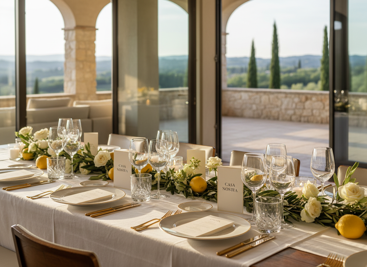 A long, elegantly set dining table draped in crisp white linen, adorned with fine porcelain plates, hand-polished crystal glasses, and brushed gold cutlery, each place marked by a minimalist menu card bearing the Casa Nostra name. At the center, low arrangements of olive branches, fresh lemons, and white flowers rest on a warm wooden tabletop. The setting is a spacious, softly lit contemporary living room opening onto a terrace in Provence, with blurred views of cypress trees beyond large windows. Golden hour light pours in, creating gentle reflections on glass and metal, casting refined shadows. Photographic realism, eye-level composition with shallow depth of field keeps the table in sharp focus, evoking a sophisticated, intimate atmosphere suited to a high-end Italian private dining experience.